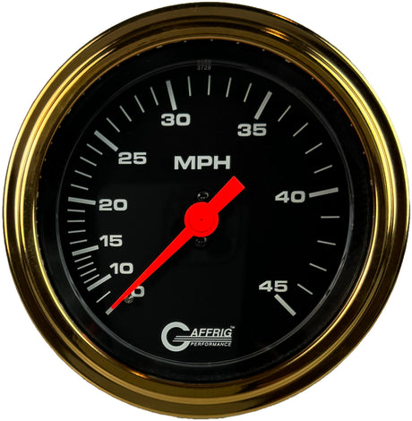 GAFFRIG 3 3/8 INCH MECHANICAL DRY SPEEDOMETER 45 MPH - HEAD ONLY STEP RIM (008) / GOLD / BLACK