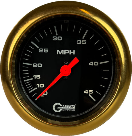 GAFFRIG 3 3/8 INCH MECHANICAL DRY SPEEDOMETER 45 MPH - HEAD ONLY FAT RIM (338) / GOLD / BLACK