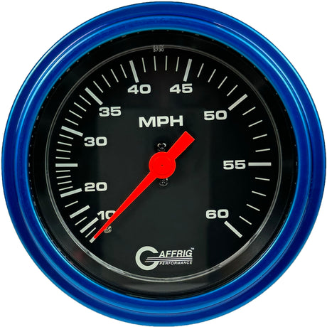 GAFFRIG 3 3/8 INCH MECHANICAL DRY SPEEDOMETER 60 MPH - HEAD ONLY BLACK / STEP RIM (008) / BLUE