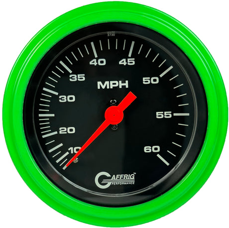 GAFFRIG 3 3/8 INCH MECHANICAL DRY SPEEDOMETER 60 MPH - HEAD ONLY BLACK / STEP RIM (008) / LIME GREEN