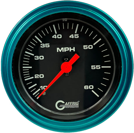 GAFFRIG 3 3/8 INCH MECHANICAL DRY SPEEDOMETER 60 MPH - HEAD ONLY BLACK / STEP RIM (008) / TEAL