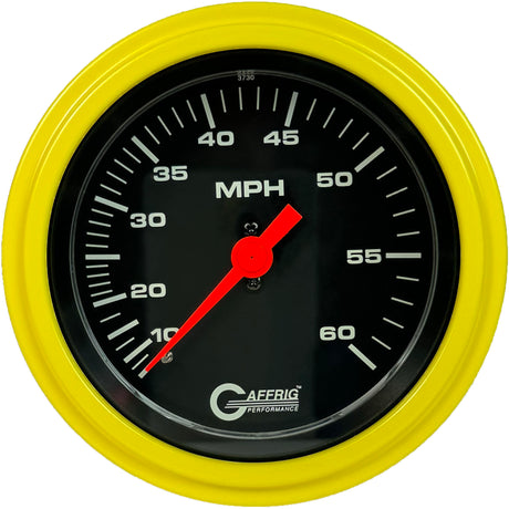 GAFFRIG 3 3/8 INCH MECHANICAL DRY SPEEDOMETER 60 MPH - HEAD ONLY BLACK / STEP RIM (008) / YELLOW