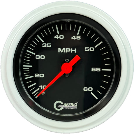 GAFFRIG 3 3/8 INCH MECHANICAL DRY SPEEDOMETER 60 MPH - HEAD ONLY BLACK / STEP RIM (008) / WHITE