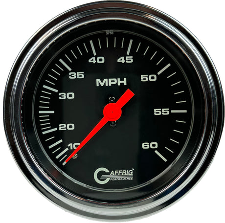 GAFFRIG 3 3/8 INCH MECHANICAL DRY SPEEDOMETER 60 MPH - HEAD ONLY BLACK / STEP RIM (008) / POLISHED/CHROME