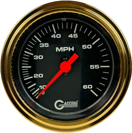 GAFFRIG 3 3/8 INCH MECHANICAL DRY SPEEDOMETER 60 MPH - HEAD ONLY BLACK / STEP RIM (008) / GOLD