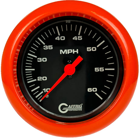 GAFFRIG 3 3/8 INCH MECHANICAL DRY SPEEDOMETER 60 MPH - HEAD ONLY BLACK / FAT RIM (338) / ORANGE