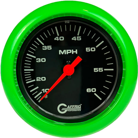 GAFFRIG 3 3/8 INCH MECHANICAL DRY SPEEDOMETER 60 MPH - HEAD ONLY BLACK / FAT RIM (338) / LIME GREEN