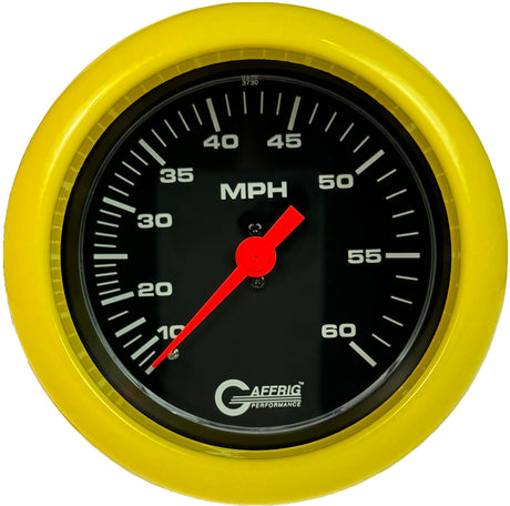 GAFFRIG 3 3/8 INCH MECHANICAL DRY SPEEDOMETER 60 MPH - HEAD ONLY BLACK / FAT RIM (338) / YELLOW