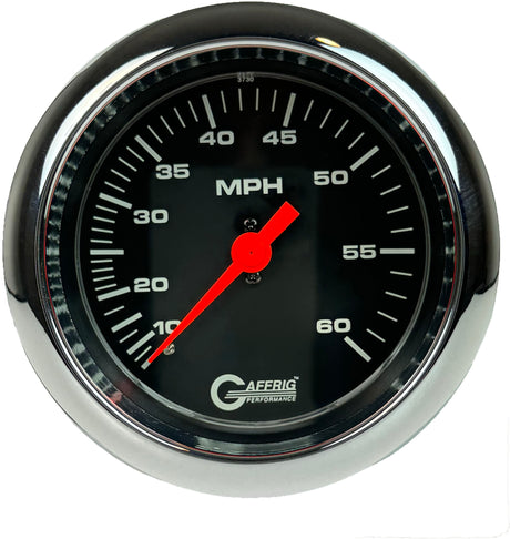 GAFFRIG 3 3/8 INCH MECHANICAL DRY SPEEDOMETER 60 MPH - HEAD ONLY BLACK / FAT RIM (338) / POLISHED/CHROME