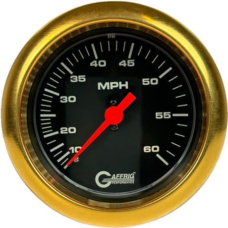 GAFFRIG 3 3/8 INCH MECHANICAL DRY SPEEDOMETER 60 MPH - HEAD ONLY BLACK / FAT RIM (338) / GOLD