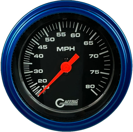 GAFFRIG 3 3/8 INCH MECHANICAL DRY SPEEDOMETER 80 MPH - HEAD ONLY BLACK / STEP RIM (008) / BLUE