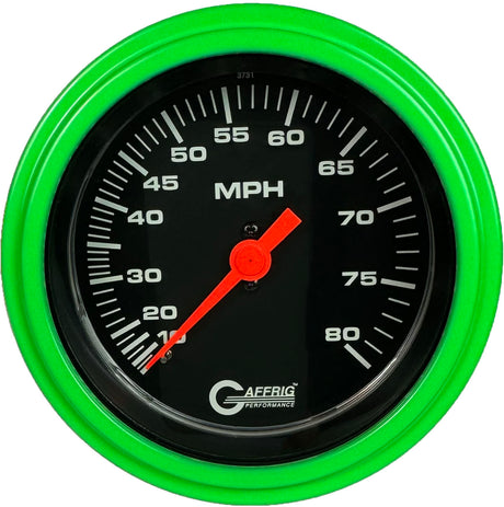 GAFFRIG 3 3/8 INCH MECHANICAL DRY SPEEDOMETER 80 MPH - HEAD ONLY BLACK / STEP RIM (008) / LIME GREEN