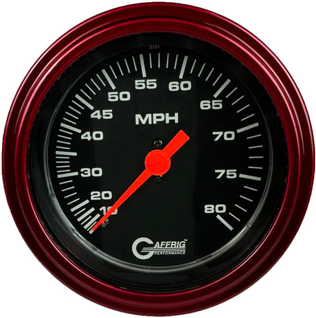 GAFFRIG 3 3/8 INCH MECHANICAL DRY SPEEDOMETER 80 MPH - HEAD ONLY BLACK / STEP RIM (008) / RED