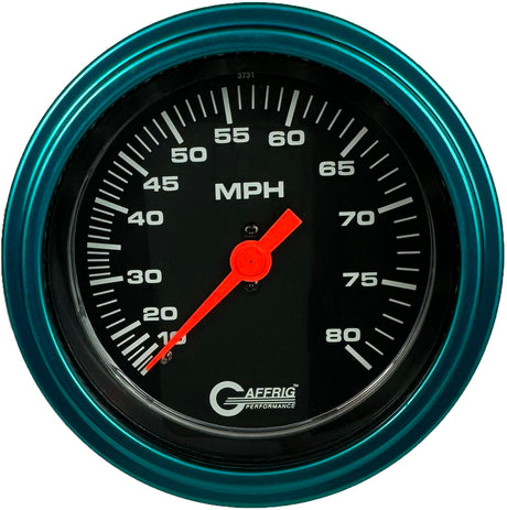 GAFFRIG 3 3/8 INCH MECHANICAL DRY SPEEDOMETER 80 MPH - HEAD ONLY BLACK / STEP RIM (008) / TEAL