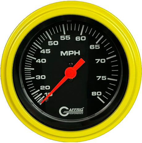 GAFFRIG 3 3/8 INCH MECHANICAL DRY SPEEDOMETER 80 MPH - HEAD ONLY BLACK / STEP RIM (008) / YELLOW