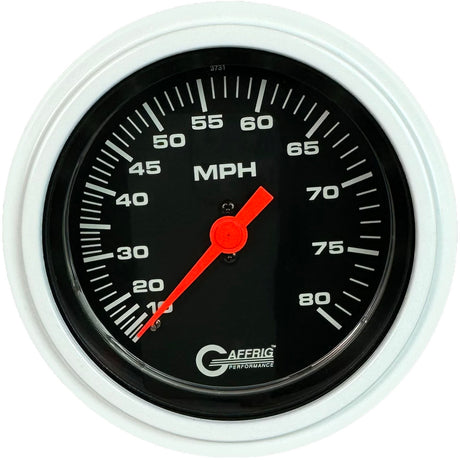 GAFFRIG 3 3/8 INCH MECHANICAL DRY SPEEDOMETER 80 MPH - HEAD ONLY BLACK / STEP RIM (008) / WHITE