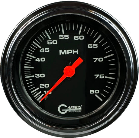 GAFFRIG 3 3/8 INCH MECHANICAL DRY SPEEDOMETER 80 MPH - HEAD ONLY BLACK / STEP RIM (008) / POLISHED/CHROME