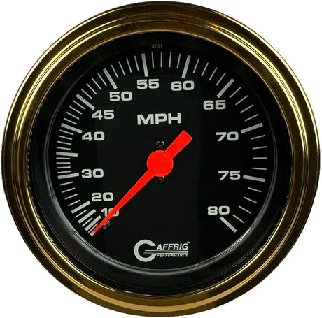 GAFFRIG 3 3/8 INCH MECHANICAL DRY SPEEDOMETER 80 MPH - HEAD ONLY BLACK / STEP RIM (008) / GOLD