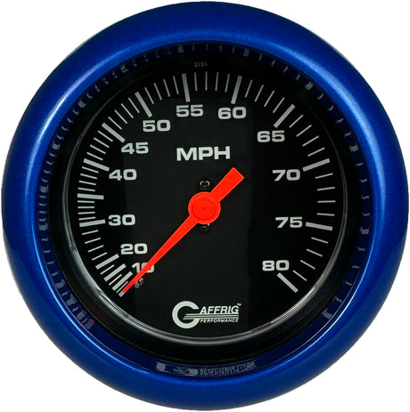 GAFFRIG 3 3/8 INCH MECHANICAL DRY SPEEDOMETER 80 MPH - HEAD ONLY BLACK / FAT RIM (338) / BLUE