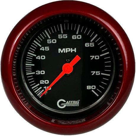 GAFFRIG 3 3/8 INCH MECHANICAL DRY SPEEDOMETER 80 MPH - HEAD ONLY BLACK / FAT RIM (338) / RED