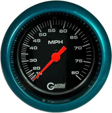 GAFFRIG 3 3/8 INCH MECHANICAL DRY SPEEDOMETER 80 MPH - HEAD ONLY BLACK / FAT RIM (338) / TEAL