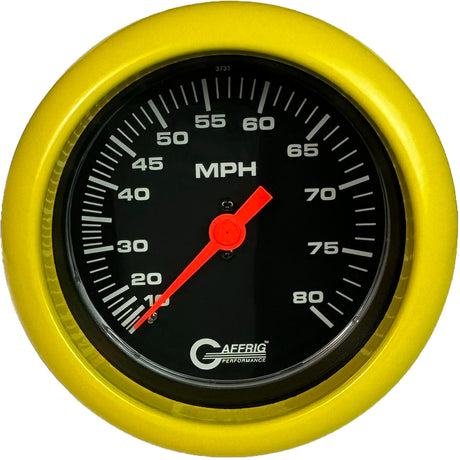 GAFFRIG 3 3/8 INCH MECHANICAL DRY SPEEDOMETER 80 MPH - HEAD ONLY BLACK / FAT RIM (338) / YELLOW