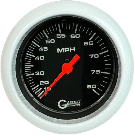 GAFFRIG 3 3/8 INCH MECHANICAL DRY SPEEDOMETER 80 MPH - HEAD ONLY BLACK / FAT RIM (338) / WHITE