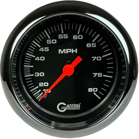 GAFFRIG 3 3/8 INCH MECHANICAL DRY SPEEDOMETER 80 MPH - HEAD ONLY BLACK / FAT RIM (338) / POLISHED/CHROME