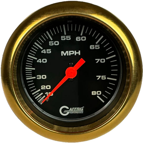 GAFFRIG 3 3/8 INCH MECHANICAL DRY SPEEDOMETER 80 MPH - HEAD ONLY BLACK / FAT RIM (338) / GOLD