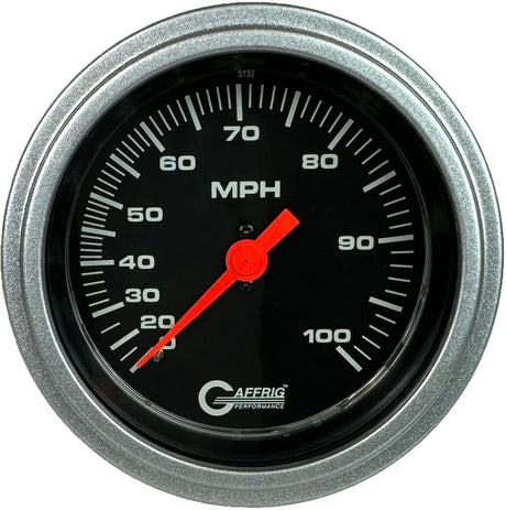 GAFFRIG 3 3/8 INCH MECHANICAL DRY SPEEDOMETER 100 MPH - HEAD ONLY STEP RIM (008) / PLATINUM / BLACK