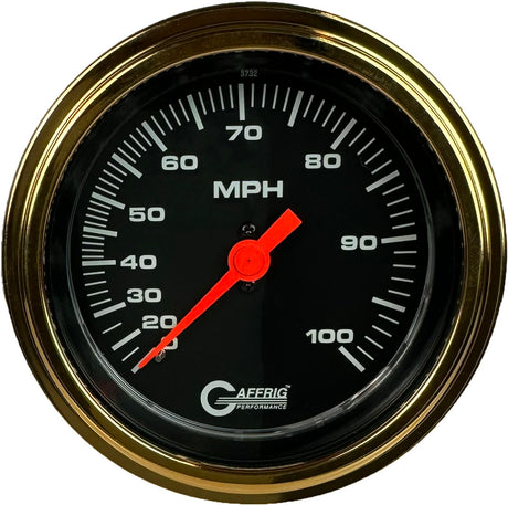 GAFFRIG 3 3/8 INCH MECHANICAL DRY SPEEDOMETER 100 MPH - HEAD ONLY STEP RIM (008) / GOLD / BLACK