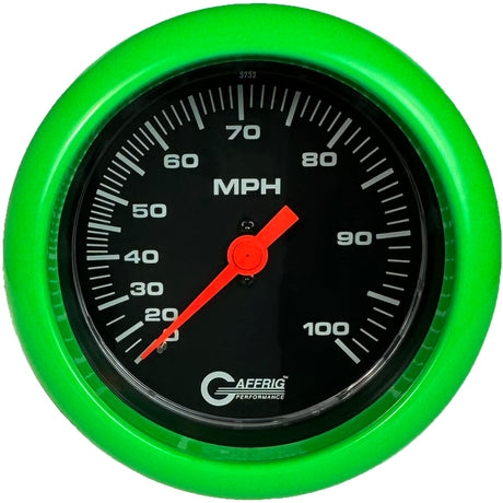 GAFFRIG 3 3/8 INCH MECHANICAL DRY SPEEDOMETER 100 MPH - HEAD ONLY FAT RIM (338) / LIME GREEN / BLACK