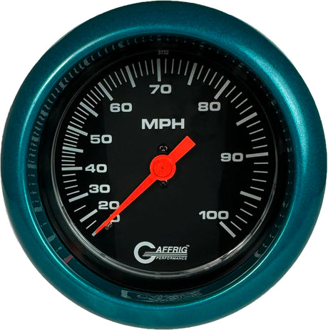 GAFFRIG 3 3/8 INCH MECHANICAL DRY SPEEDOMETER 100 MPH - HEAD ONLY FAT RIM (338) / TEAL / BLACK