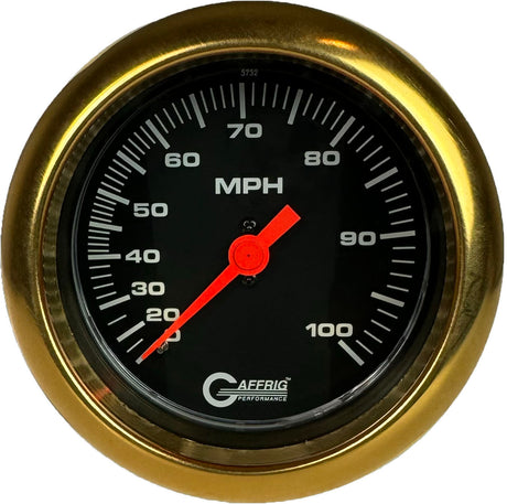 GAFFRIG 3 3/8 INCH MECHANICAL DRY SPEEDOMETER 100 MPH - HEAD ONLY FAT RIM (338) / GOLD / BLACK