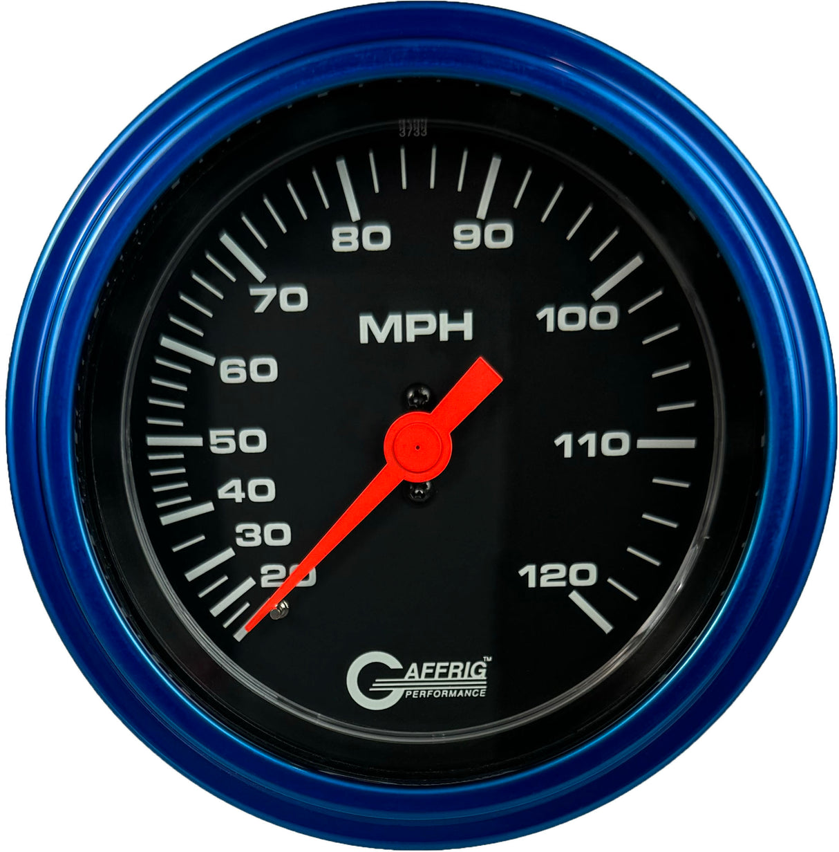 GAFFRIG 3 3/8 INCH MECHANICAL DRY SPEEDOMETER 120 MPH - HEAD ONLY BLACK / STEP RIM (008) / BLUE