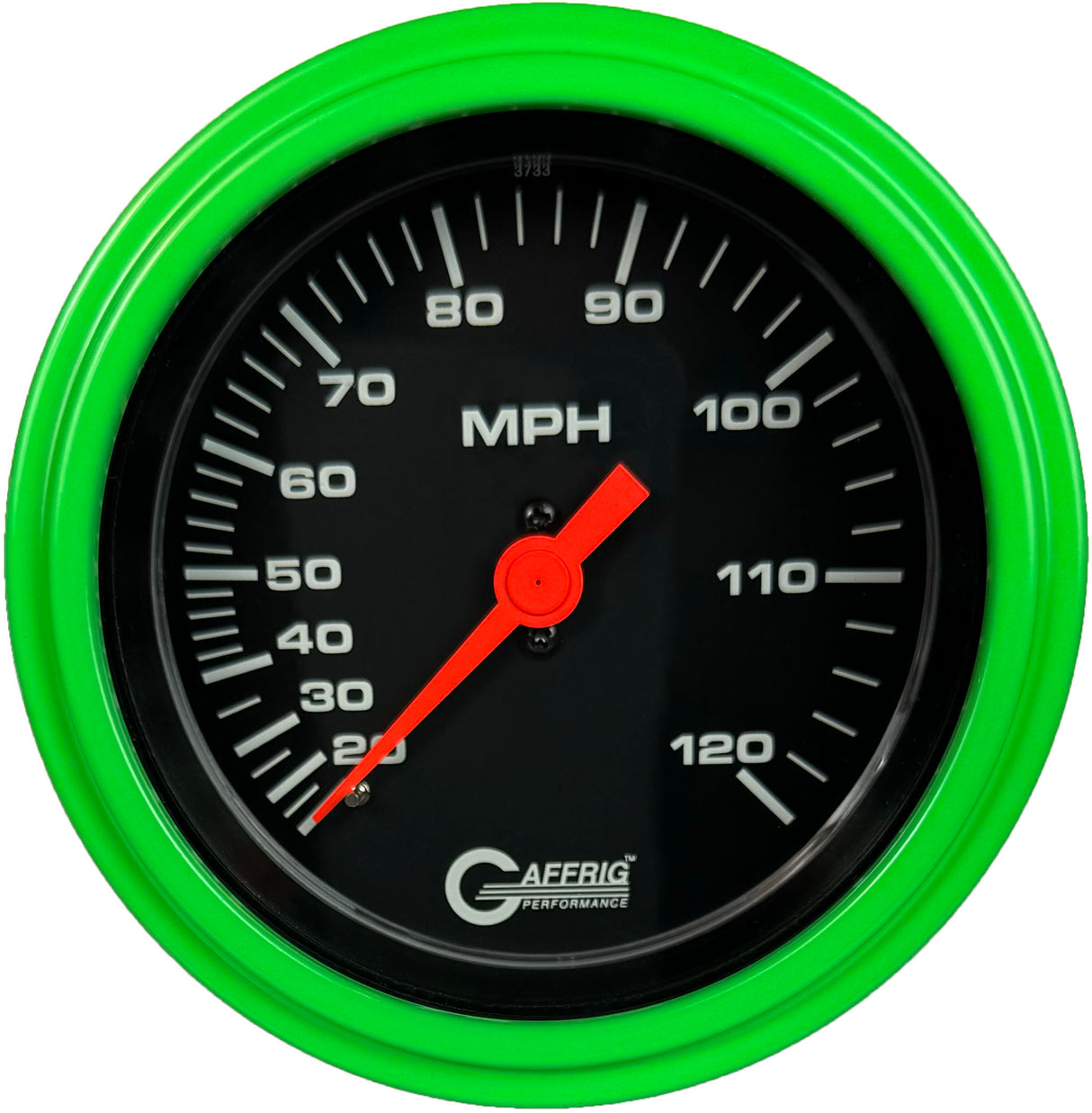 GAFFRIG 3 3/8 INCH MECHANICAL DRY SPEEDOMETER 120 MPH - HEAD ONLY BLACK / STEP RIM (008) / LIME GREEN