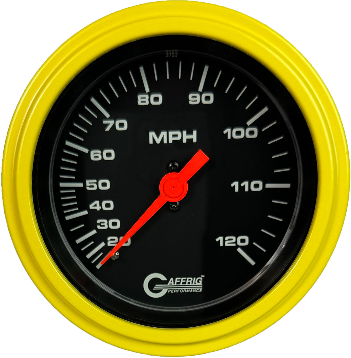 GAFFRIG 3 3/8 INCH MECHANICAL DRY SPEEDOMETER 120 MPH - HEAD ONLY BLACK / STEP RIM (008) / YELLOW