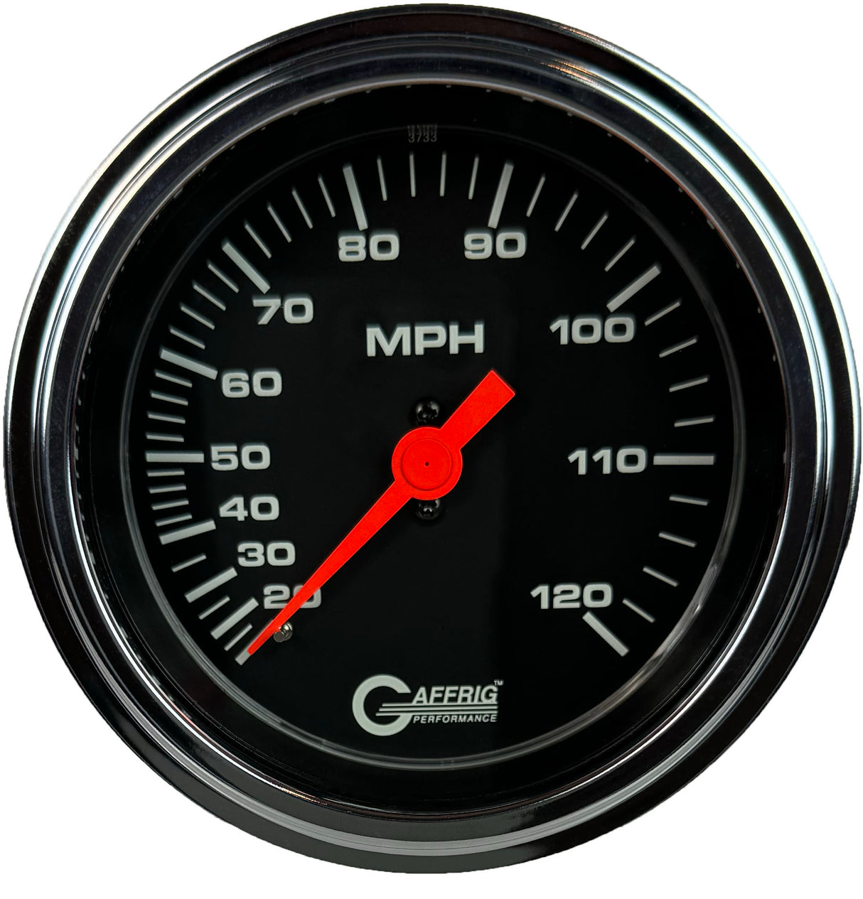 GAFFRIG 3 3/8 INCH MECHANICAL DRY SPEEDOMETER 120 MPH - HEAD ONLY BLACK / STEP RIM (008) / POLISHED/CHROME