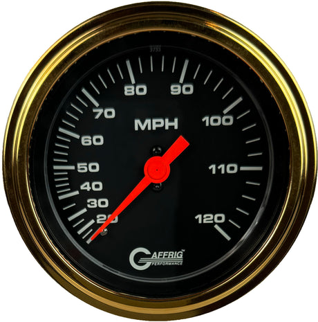 GAFFRIG 3 3/8 INCH MECHANICAL DRY SPEEDOMETER 120 MPH - HEAD ONLY BLACK / STEP RIM (008) / GOLD