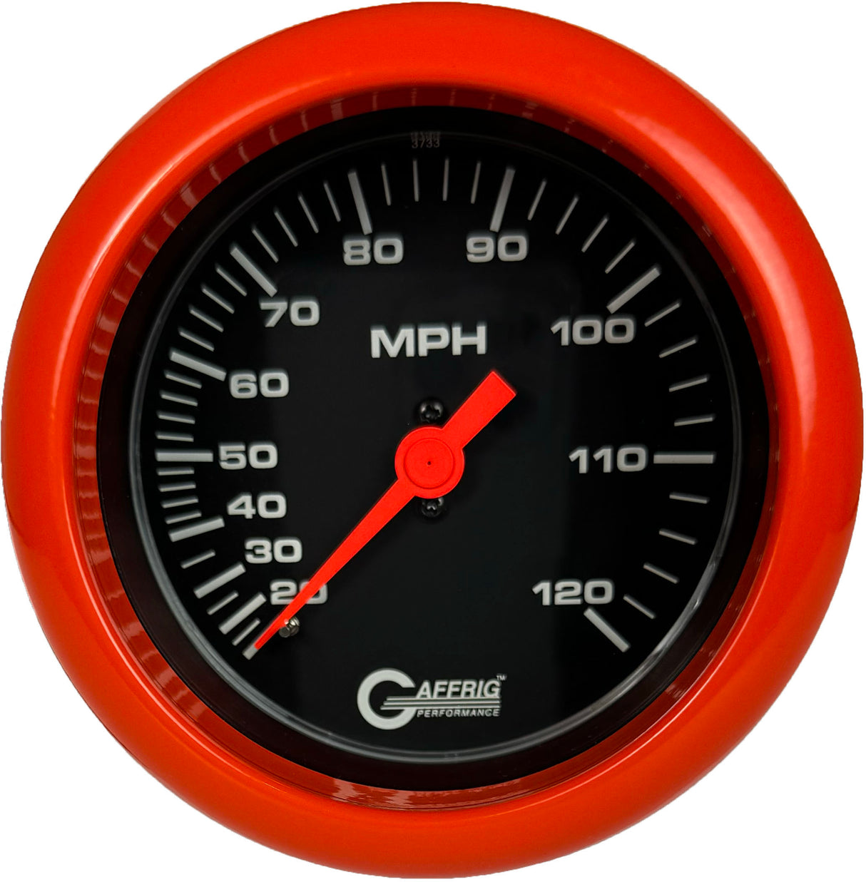 GAFFRIG 3 3/8 INCH MECHANICAL DRY SPEEDOMETER 120 MPH - HEAD ONLY BLACK / FAT RIM (338) / ORANGE