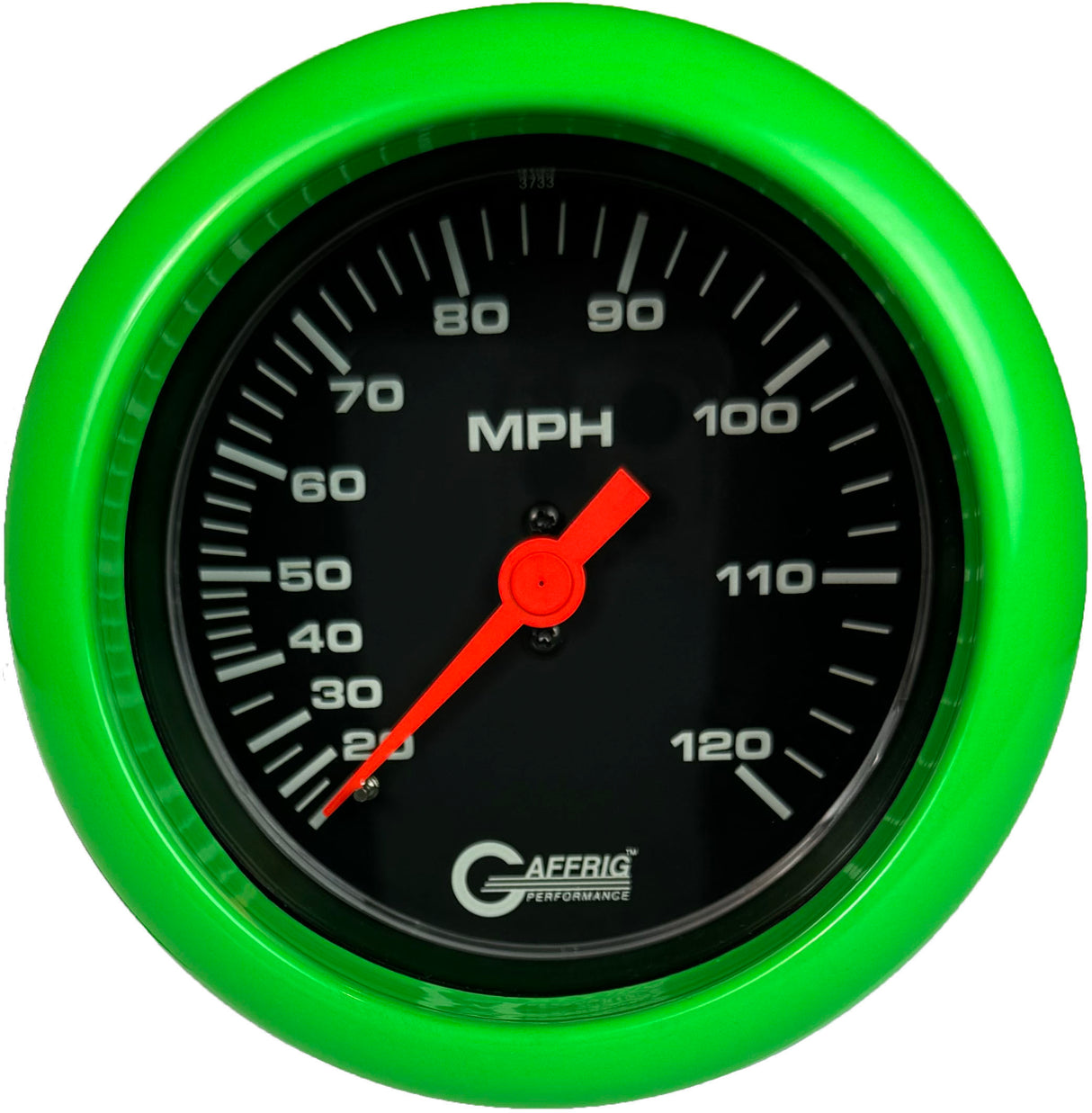 GAFFRIG 3 3/8 INCH MECHANICAL DRY SPEEDOMETER 120 MPH - HEAD ONLY BLACK / FAT RIM (338) / LIME GREEN