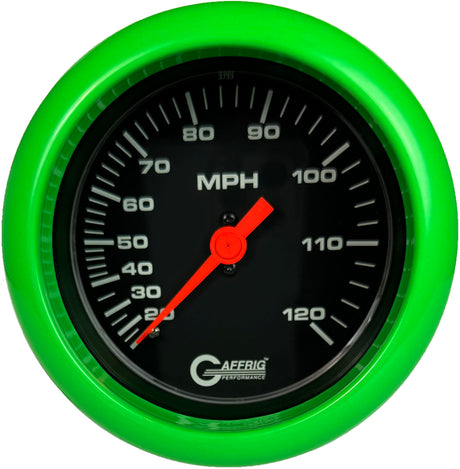 GAFFRIG 3 3/8 INCH MECHANICAL DRY SPEEDOMETER 120 MPH - HEAD ONLY BLACK / FAT RIM (338) / LIME GREEN