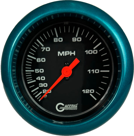 GAFFRIG 3 3/8 INCH MECHANICAL DRY SPEEDOMETER 120 MPH - HEAD ONLY BLACK / FAT RIM (338) / TEAL