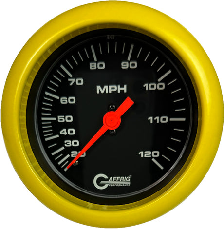 GAFFRIG 3 3/8 INCH MECHANICAL DRY SPEEDOMETER 120 MPH - HEAD ONLY BLACK / FAT RIM (338) / YELLOW