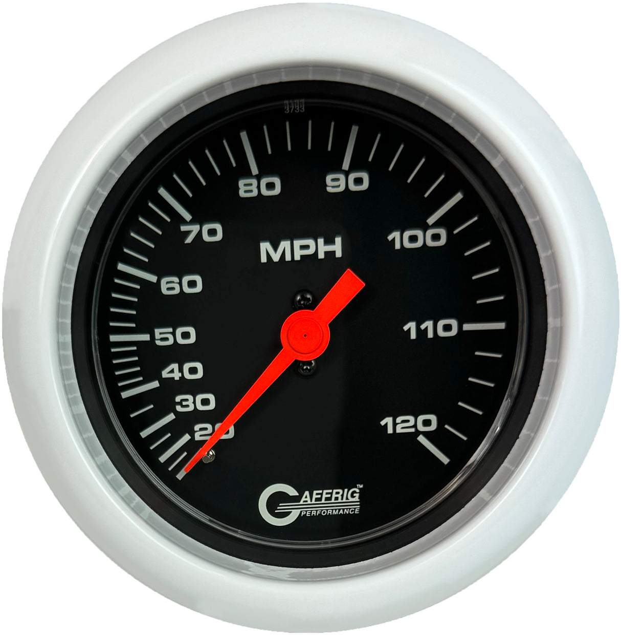 GAFFRIG 3 3/8 INCH MECHANICAL DRY SPEEDOMETER 120 MPH - HEAD ONLY BLACK / FAT RIM (338) / WHITE