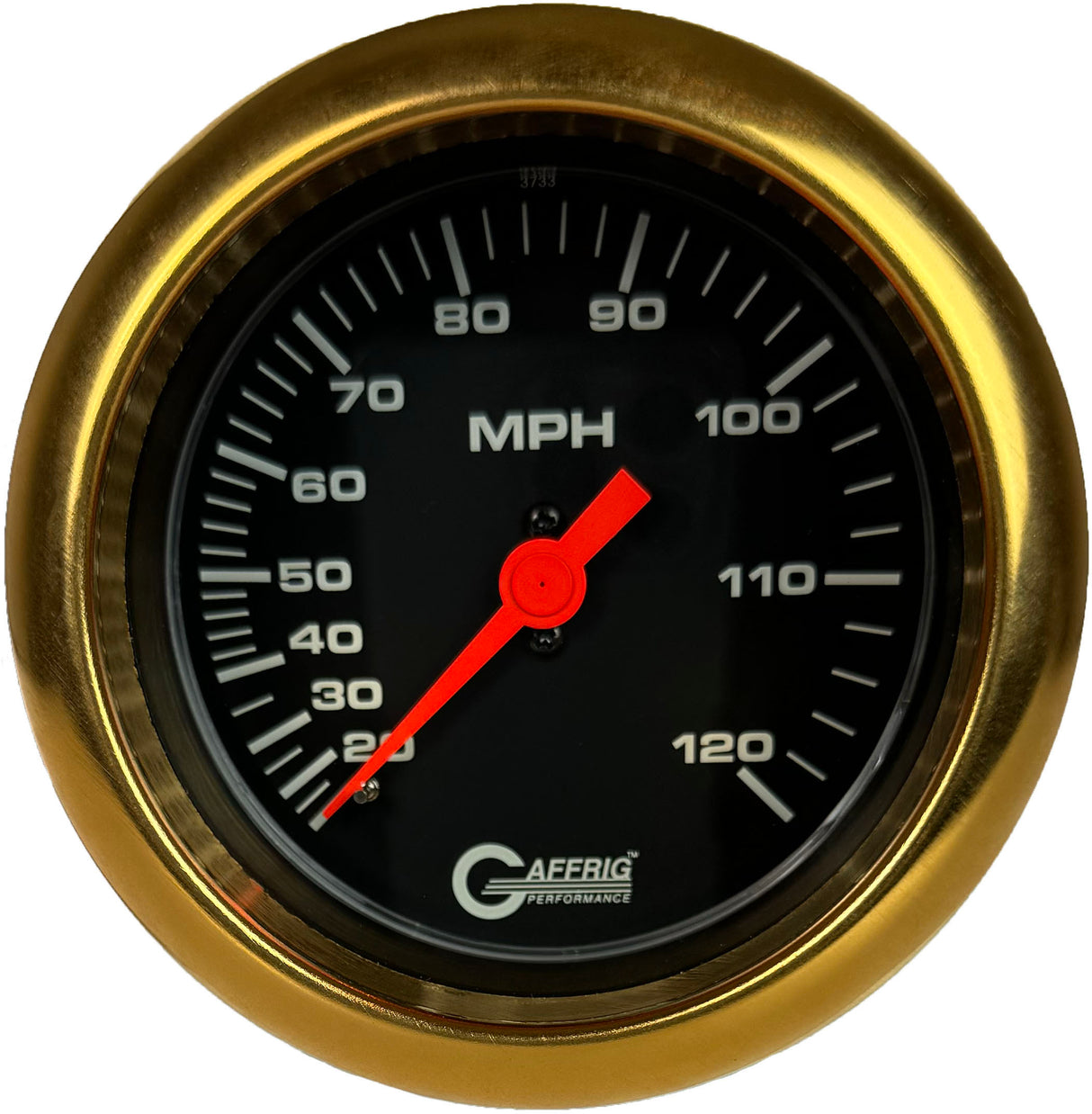 GAFFRIG 3 3/8 INCH MECHANICAL DRY SPEEDOMETER 120 MPH - HEAD ONLY BLACK / FAT RIM (338) / GOLD