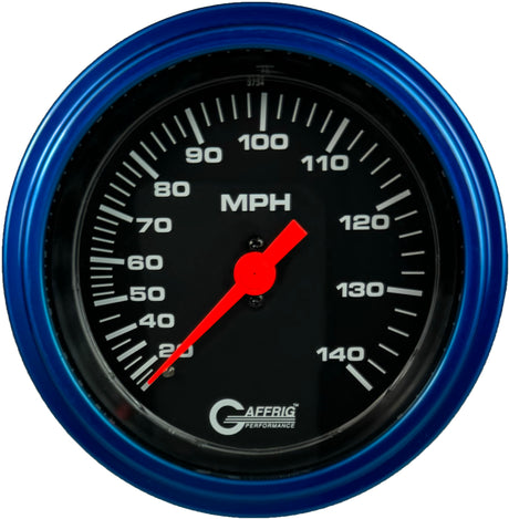 GAFFRIG 3 3/8 INCH MECHANICAL DRY SPEEDOMETER 140 MPH - HEAD ONLY BLACK / STEP RIM (008) / BLUE