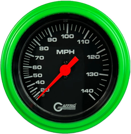 GAFFRIG 3 3/8 INCH MECHANICAL DRY SPEEDOMETER 140 MPH - HEAD ONLY BLACK / STEP RIM (008) / LIME GREEN