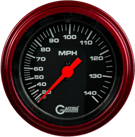 GAFFRIG 3 3/8 INCH MECHANICAL DRY SPEEDOMETER 140 MPH - HEAD ONLY BLACK / STEP RIM (008) / RED