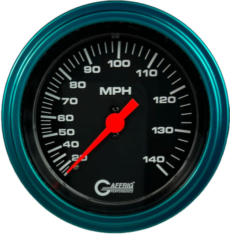 GAFFRIG 3 3/8 INCH MECHANICAL DRY SPEEDOMETER 140 MPH - HEAD ONLY BLACK / STEP RIM (008) / TEAL